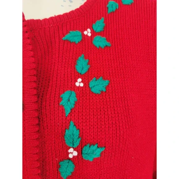 Red Embroidered Floral Long Sleeve Cardigan Sweater Women's Size Medium - Picture 6 of 8